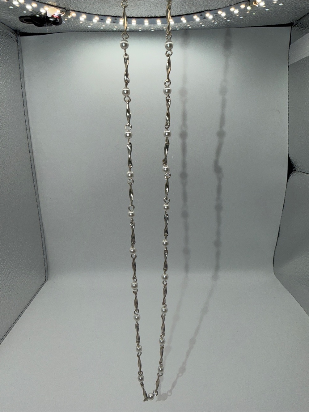 Long Silver Tone Faux Pearl Twisted Link Station Necklace Vintage Style